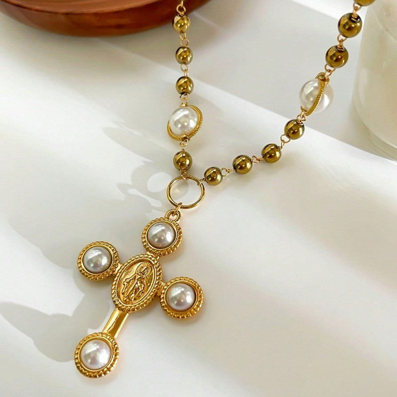 Classy Faux Pearl Beaded Cross Necklace