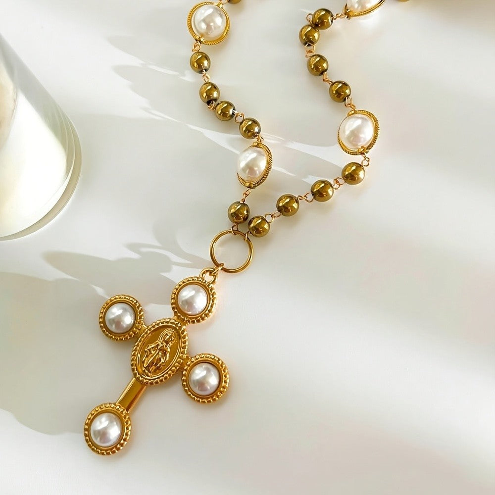 Classy Faux Pearl Beaded Cross Necklace