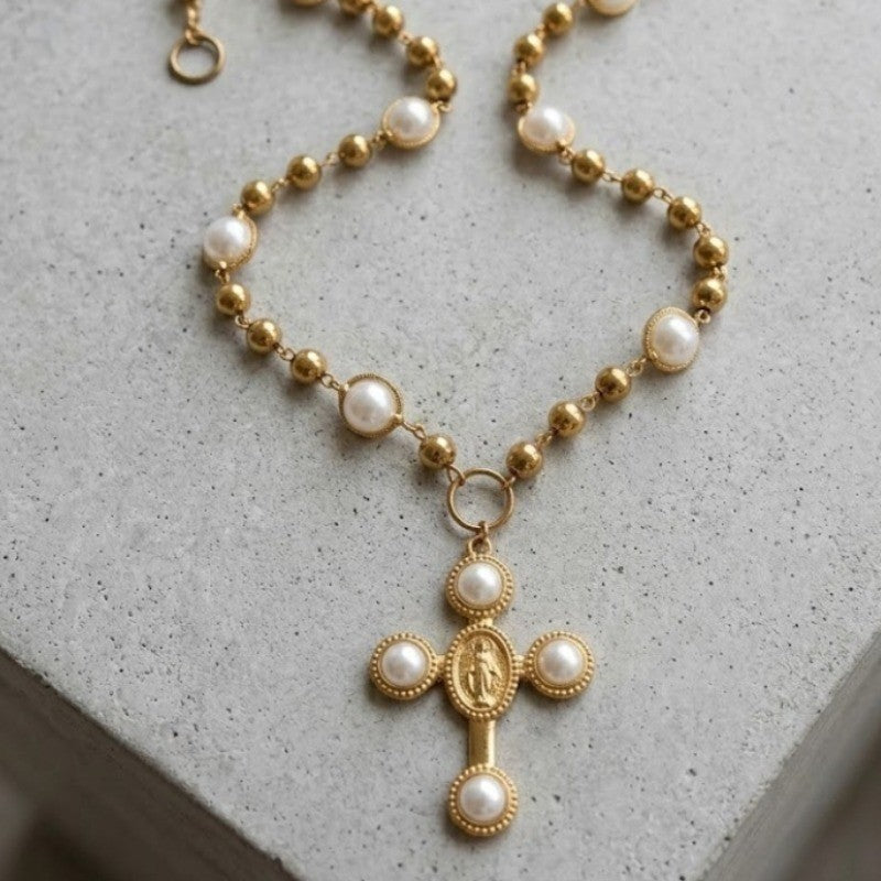 Classy Faux Pearl Beaded Cross Necklace