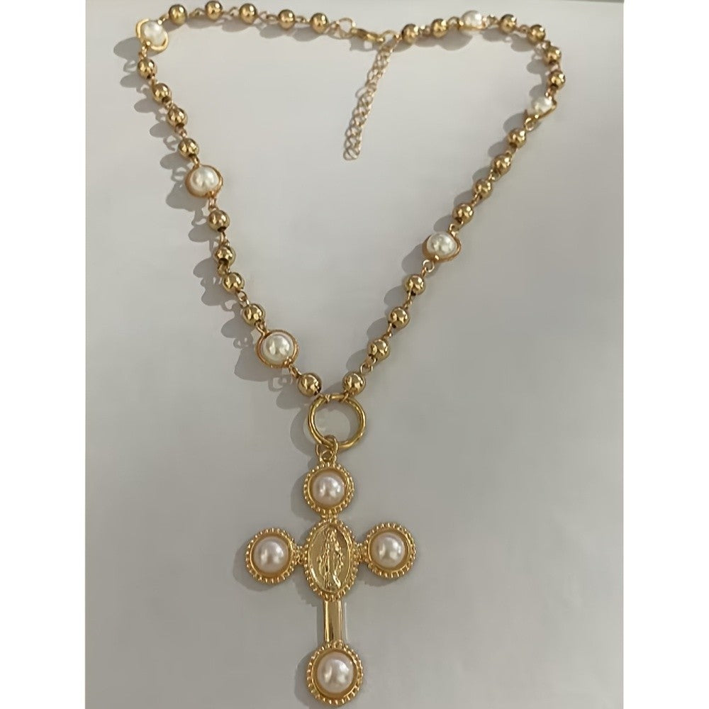 Classy Faux Pearl Beaded Cross Necklace