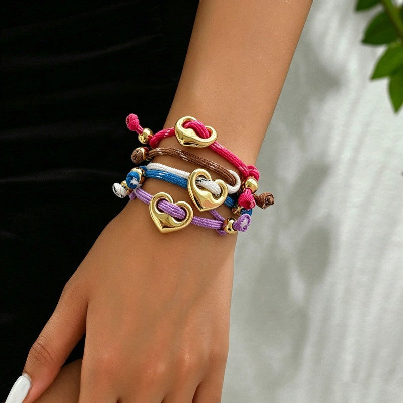 18k Boho Multi-Color Braided Heart Bracelet Set
