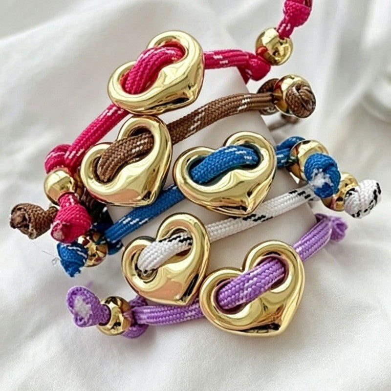 18k Boho Multi-Color Braided Heart Bracelet Set