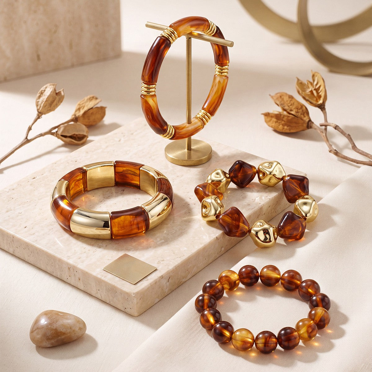 Boho Amber Acrylic Bead Bracelet Set