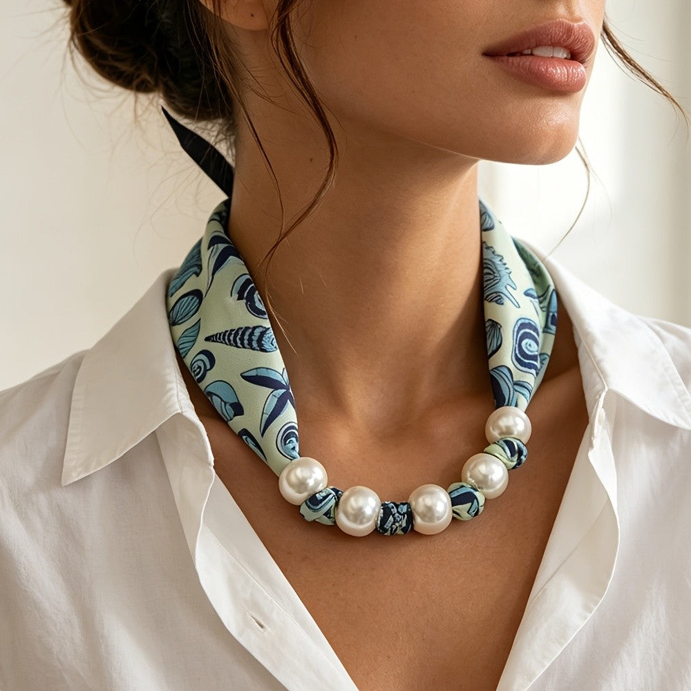 Boho Printed Fabric Pearl Necklace