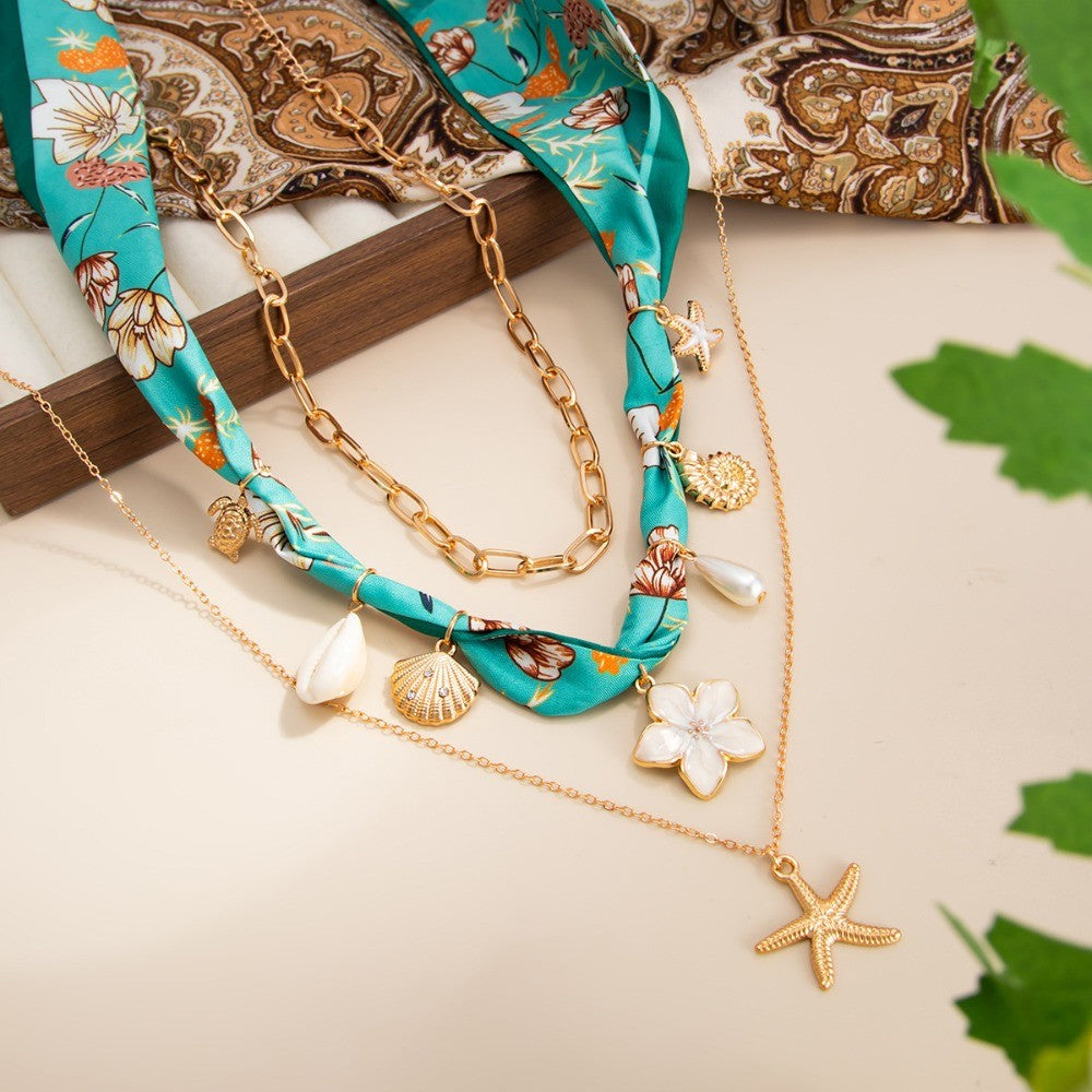 Boho Floral Scarf & Starfish Layered Necklace Set
