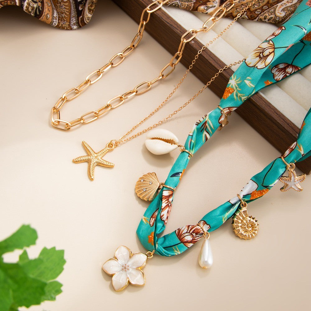 Boho Floral Scarf & Starfish Layered Necklace Set