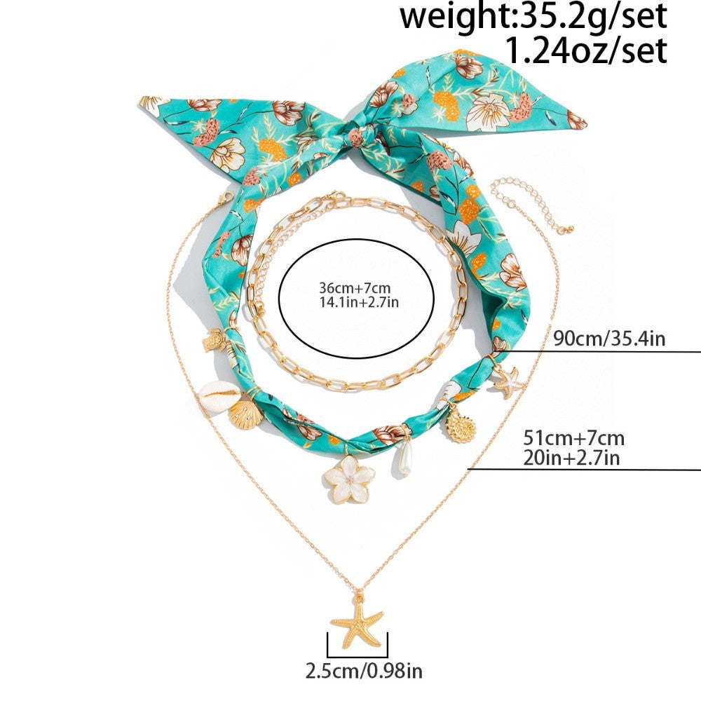 Boho Floral Scarf & Starfish Layered Necklace Set