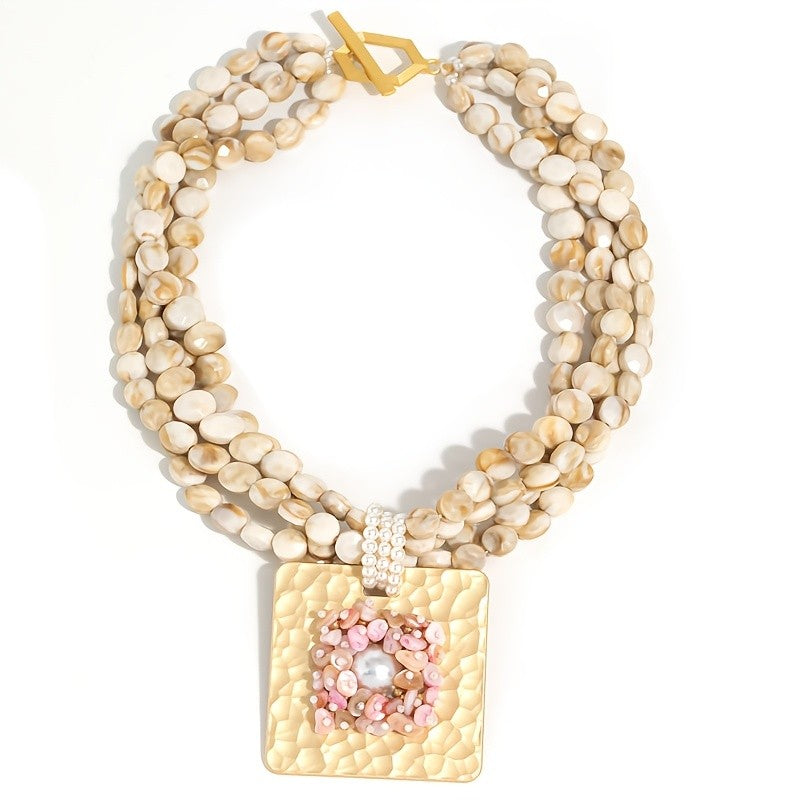 Boho Multi-Layer Beaded Square Pendant Necklace