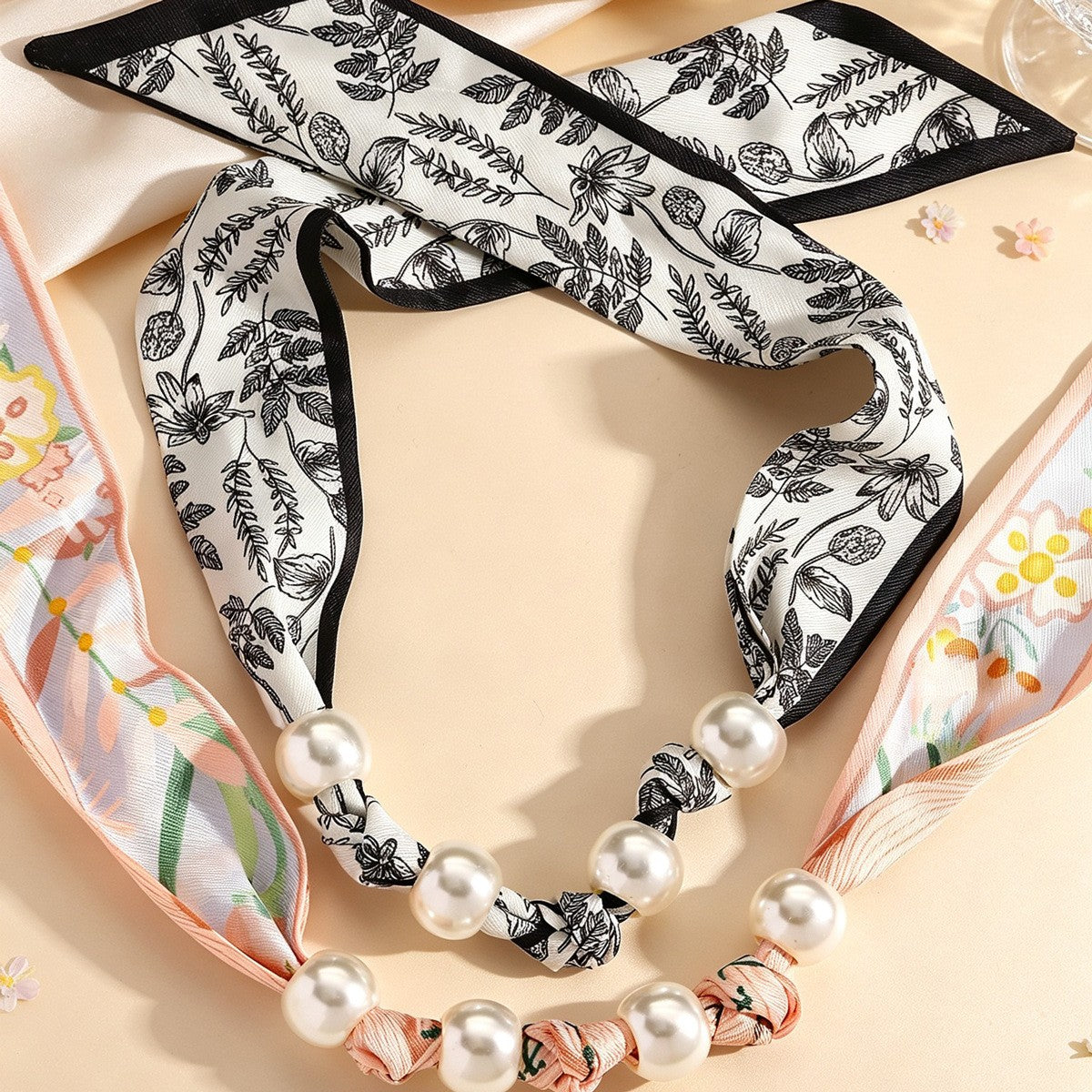 Dainty Floral Print Scarf Pearl Necklace