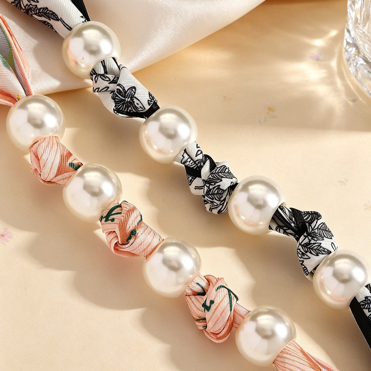Dainty Floral Print Scarf Pearl Necklace