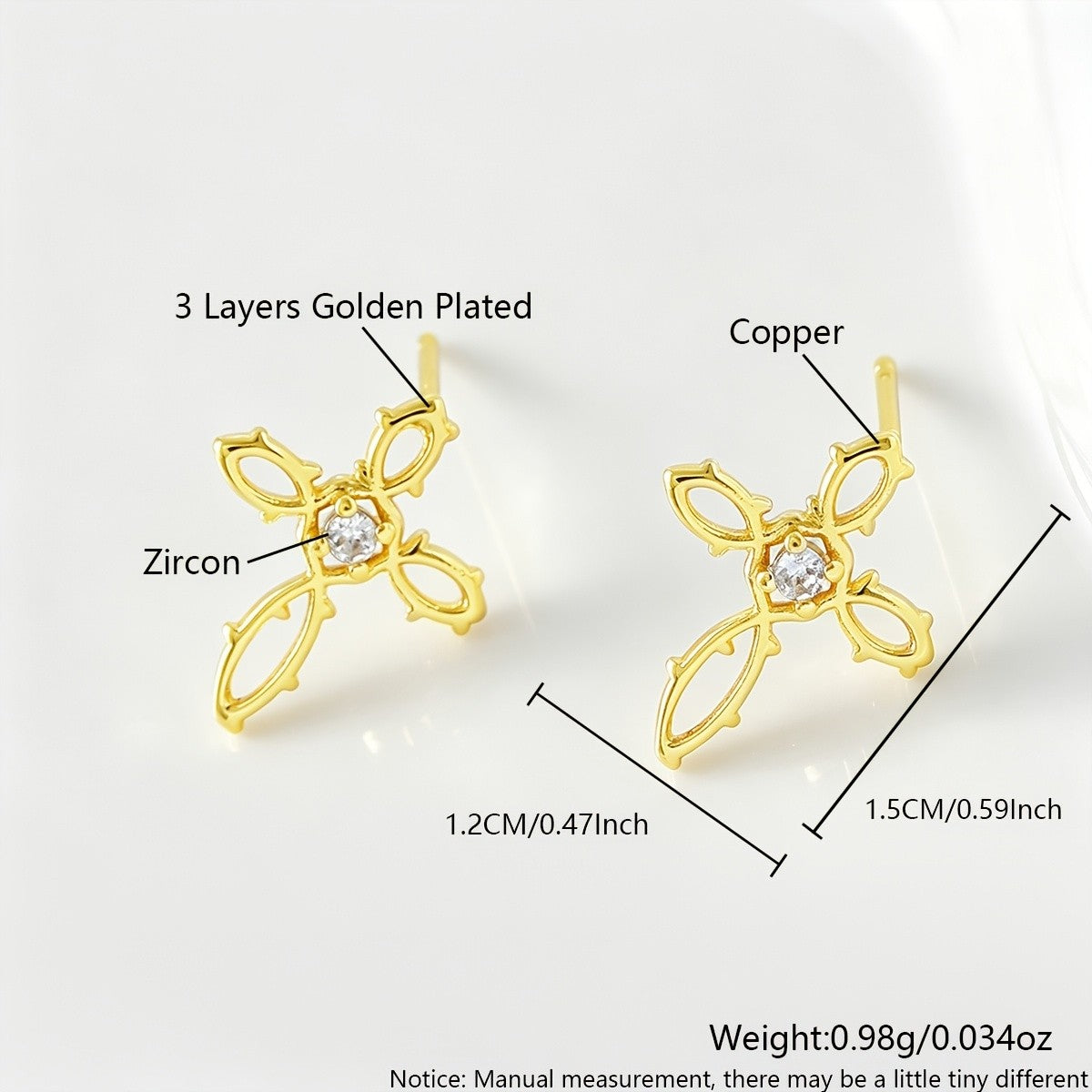 18k Gothic Thorn Cross Stud Earrings