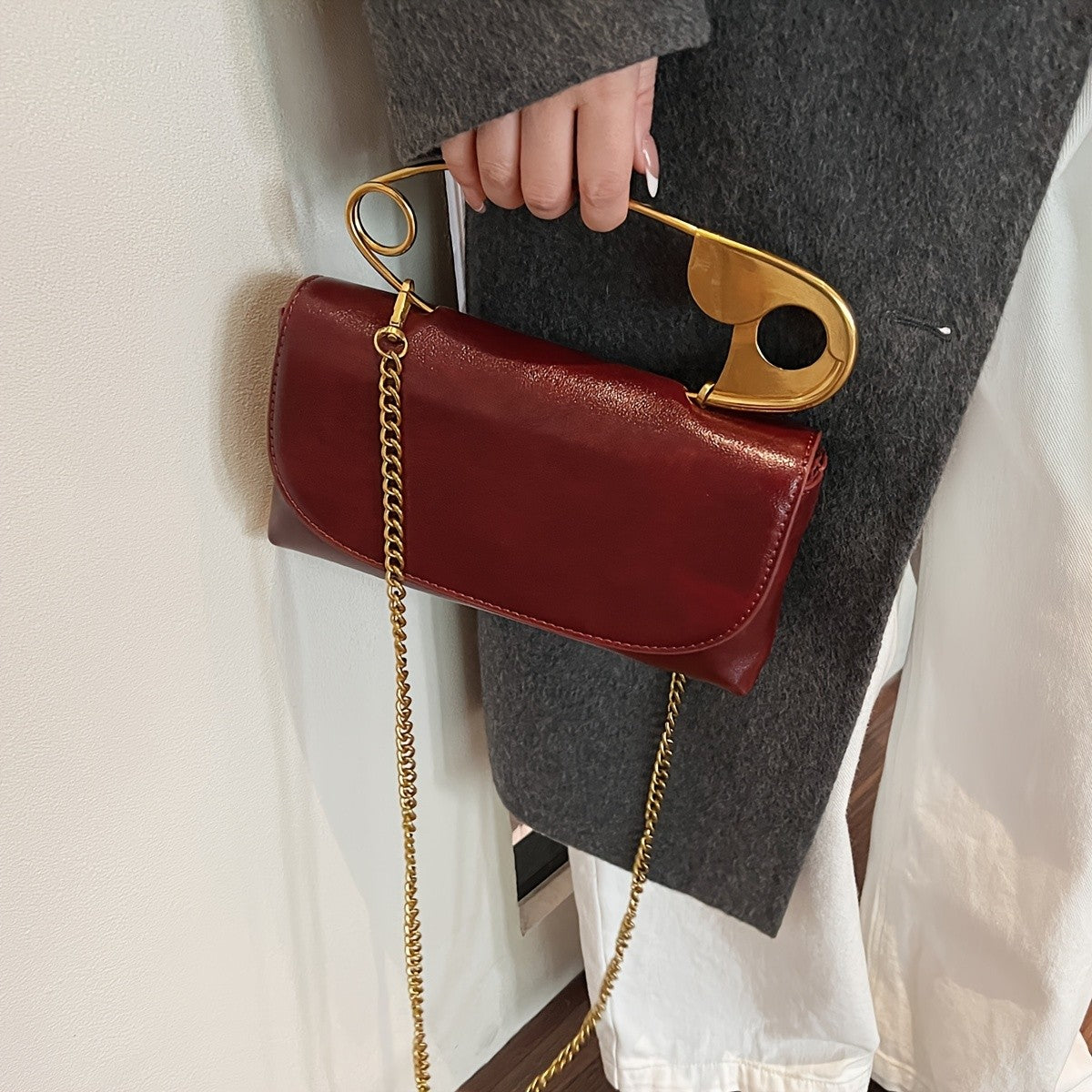 Chic Burgundy Safety Pin Crossbody Bag