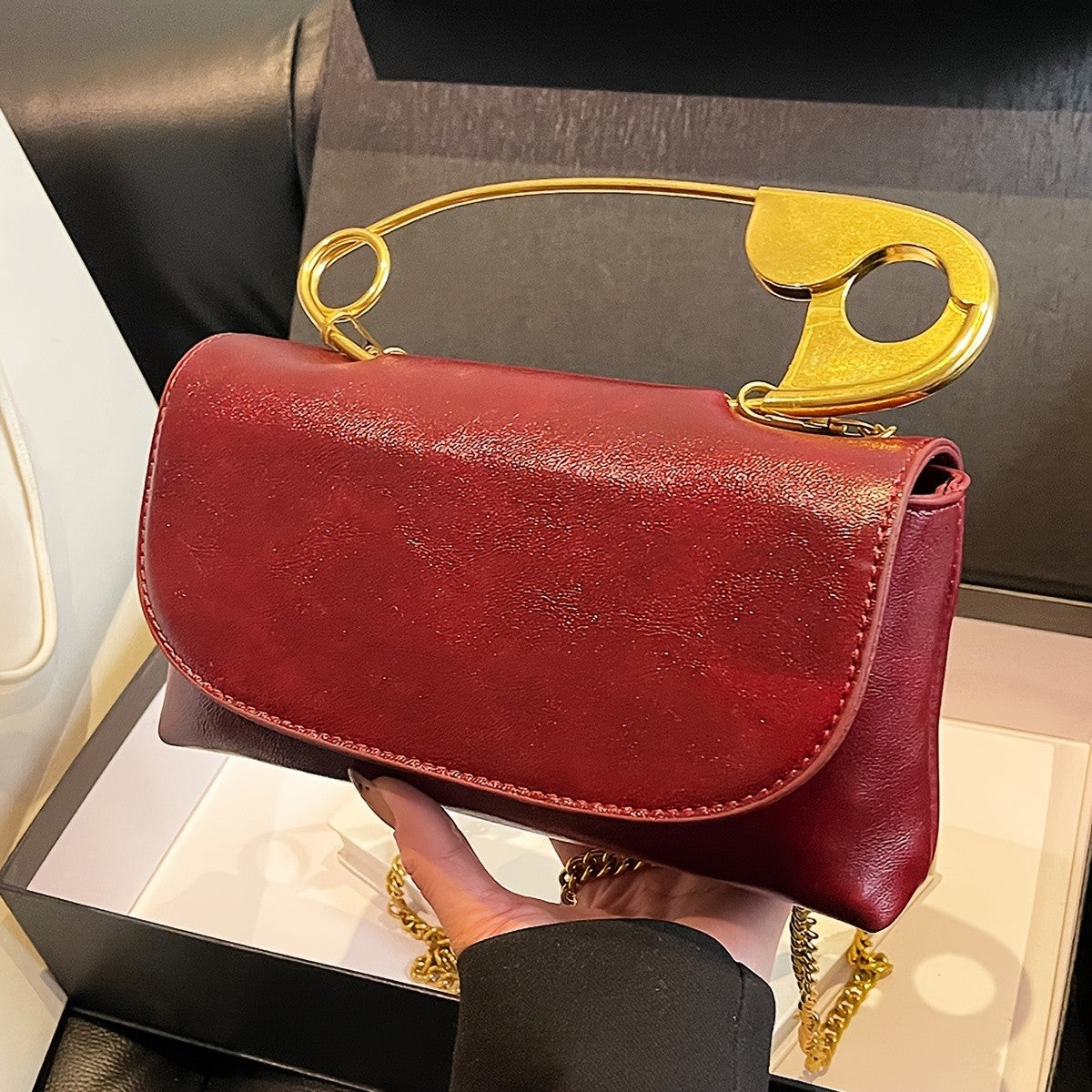 Chic Burgundy Safety Pin Crossbody Bag