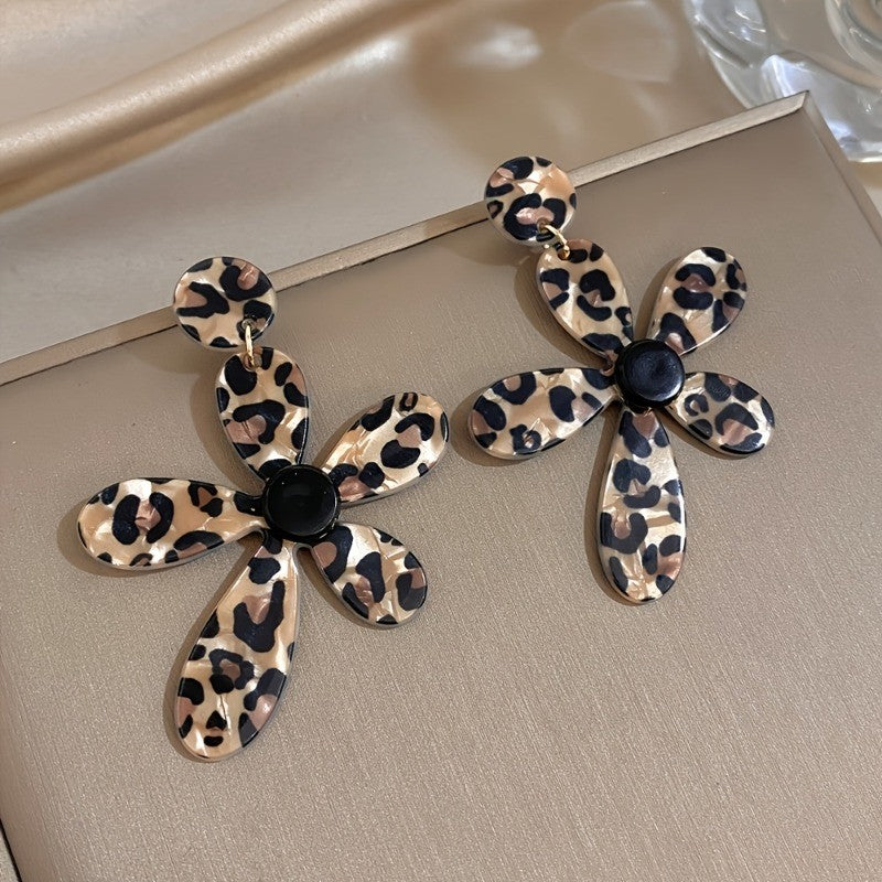 Vintage Leopard Print Flower Drop Earrings