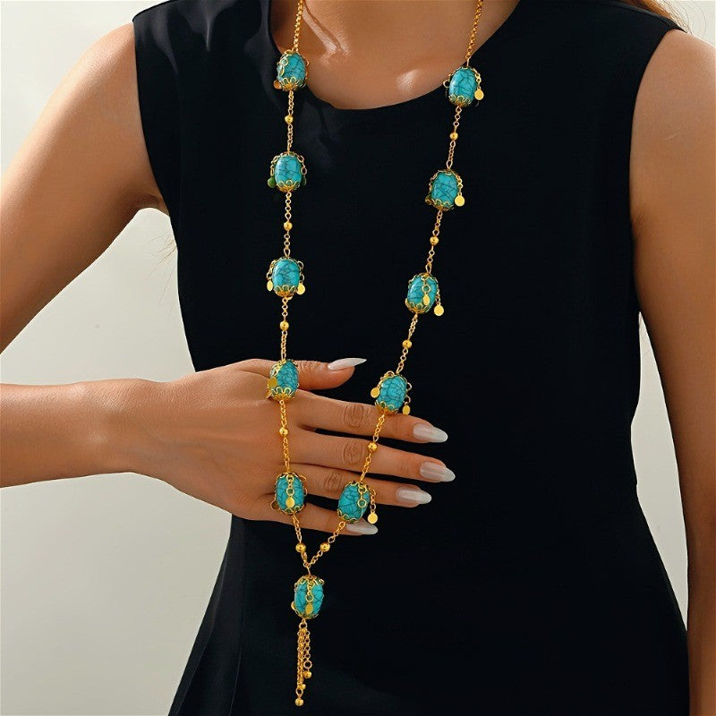 Boho Vintage Faux Turquoise Long Necklace
