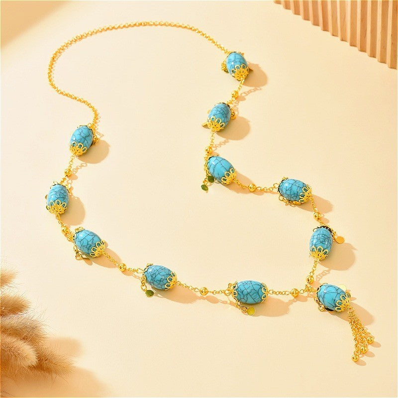 Boho Vintage Faux Turquoise Long Necklace