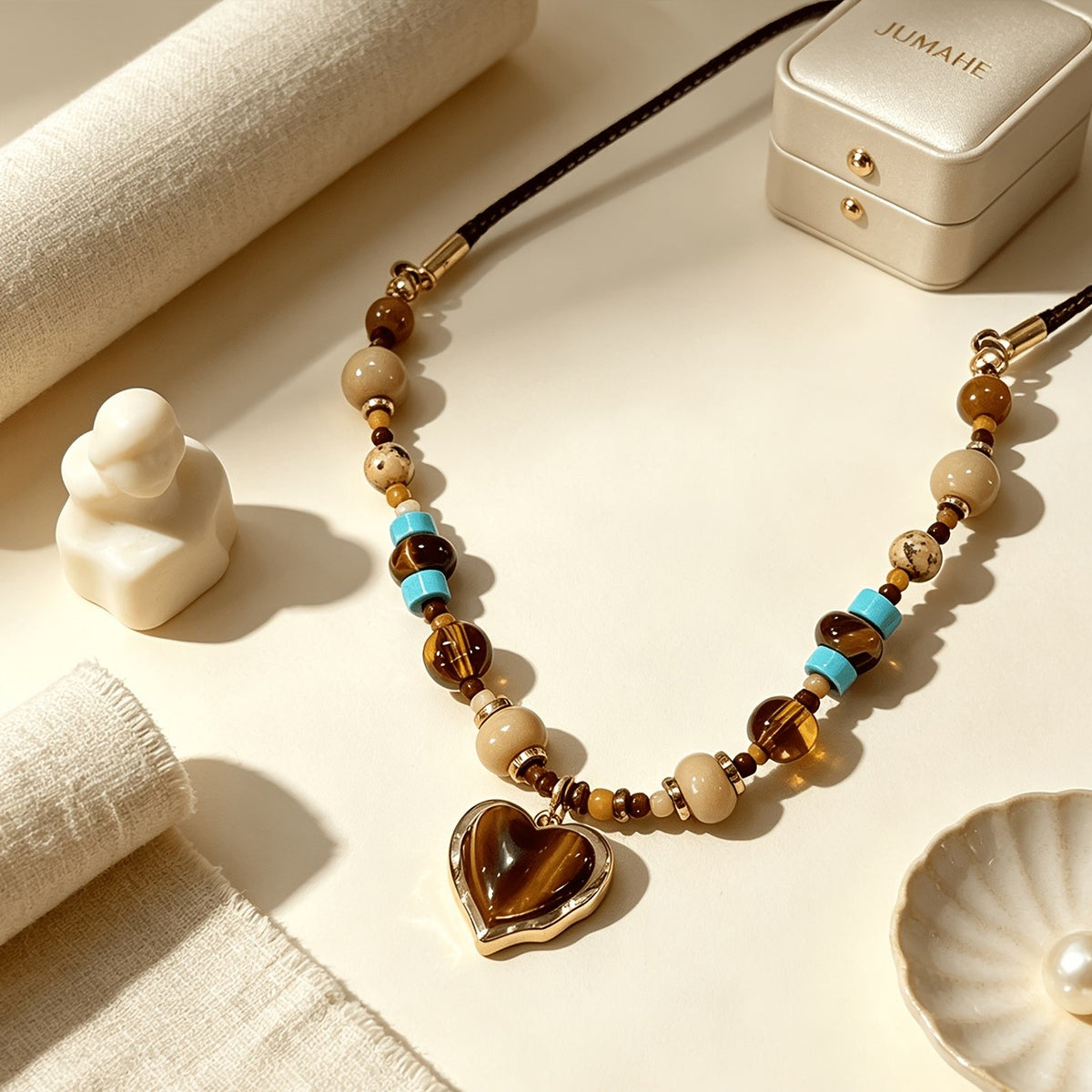 Boho Tiger Eye Heart Beaded Necklace