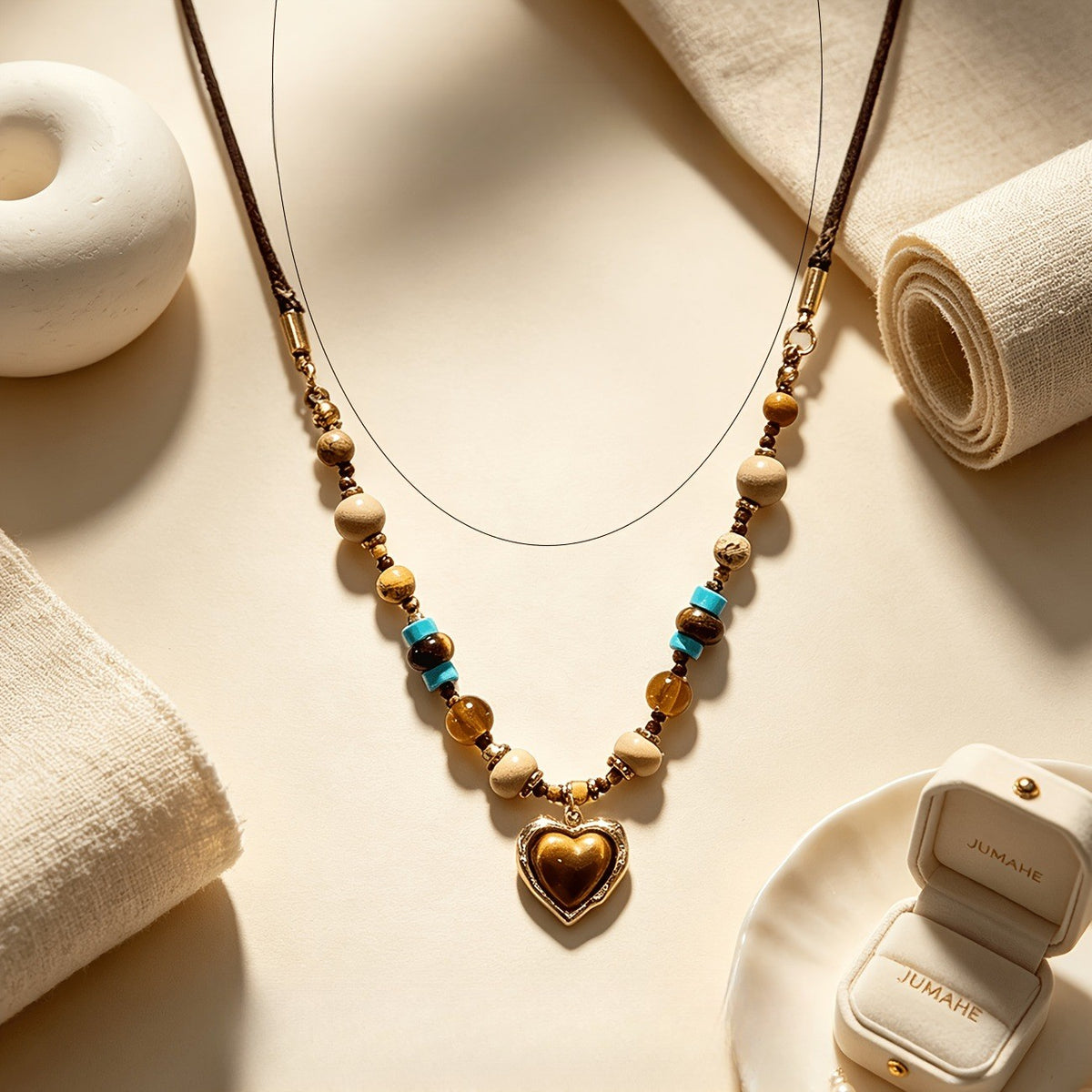 Boho Tiger Eye Heart Beaded Necklace