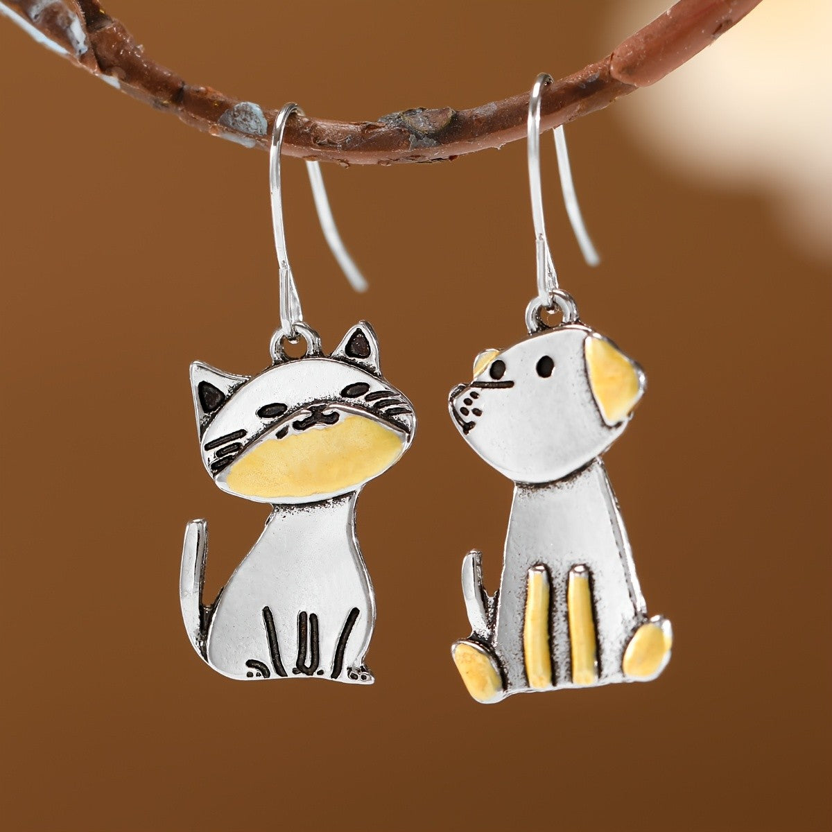 Cute Asymmetrical Cat And Dog Drop Earrings
