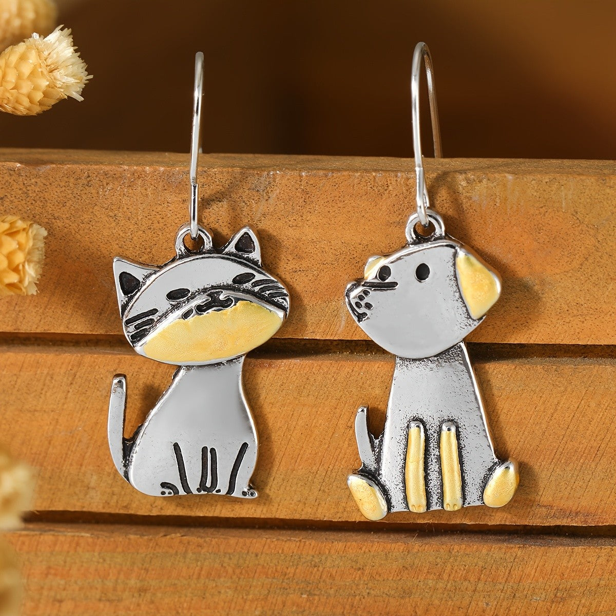 Cute Asymmetrical Cat And Dog Drop Earrings