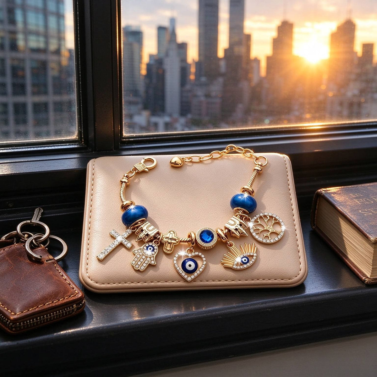 14k Boho Evil Eye Charm Bracelet