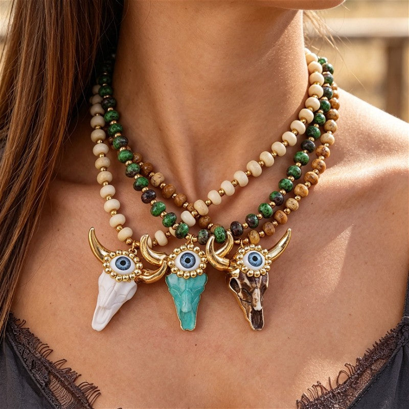 Boho Triple Bull Skull Bead Necklace