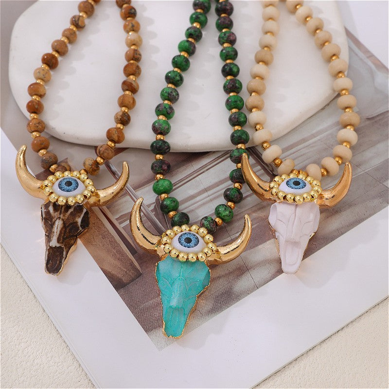 Boho Triple Bull Skull Bead Necklace