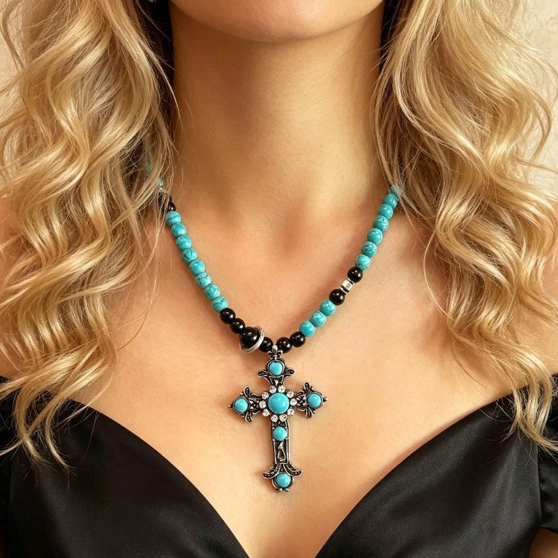 Boho Turquoise Beaded Cross Necklace