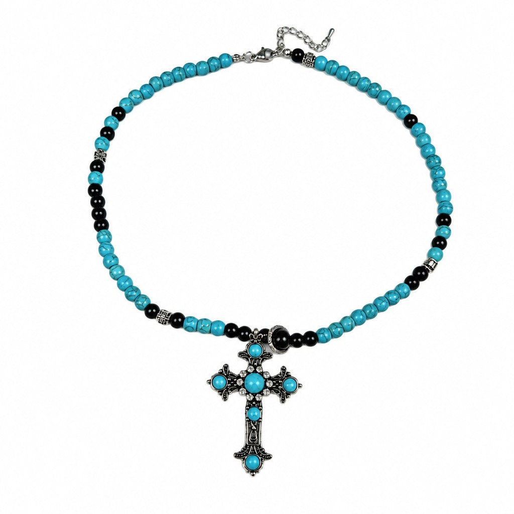 Boho Turquoise Beaded Cross Necklace