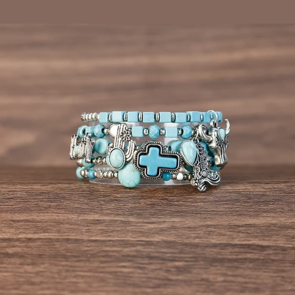 Boho Vintage Turquoise Cross & Charm Bracelet Set