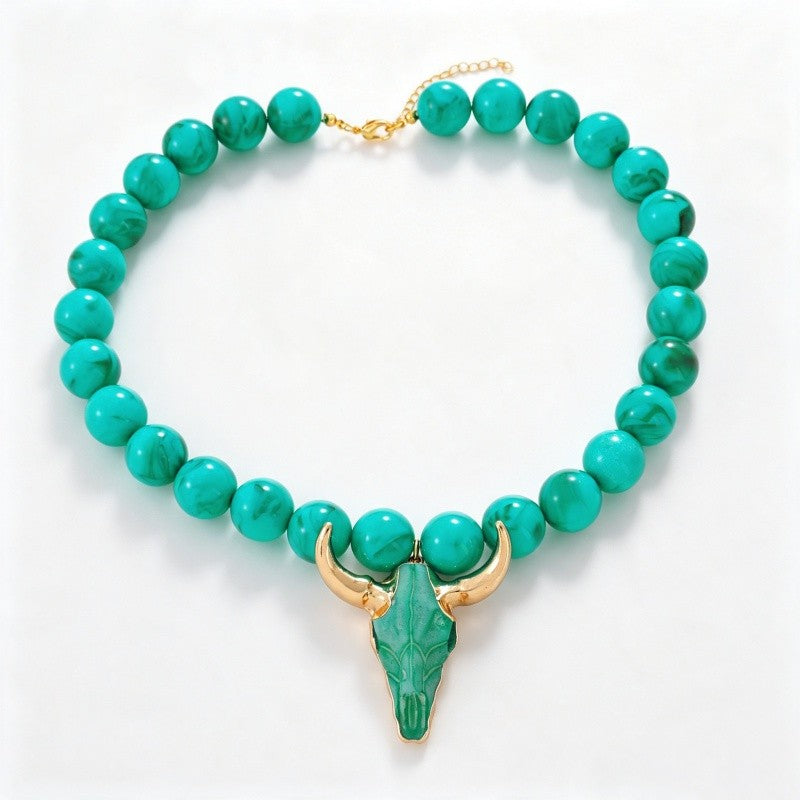 Boho Multi-Color Beaded Bull Skull Necklace