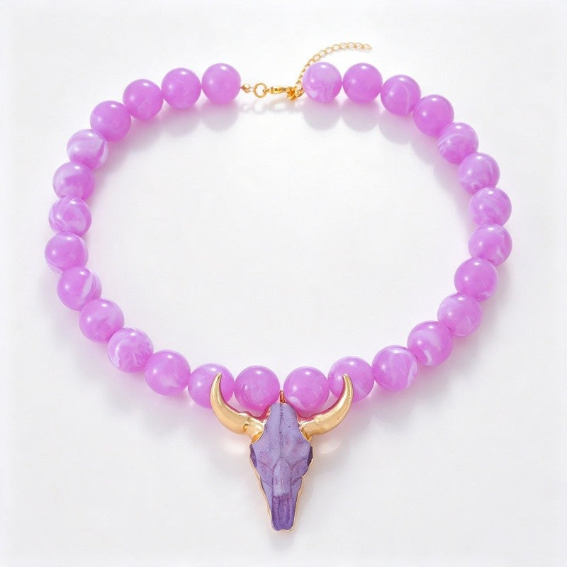 Boho Multi-Color Beaded Bull Skull Necklace