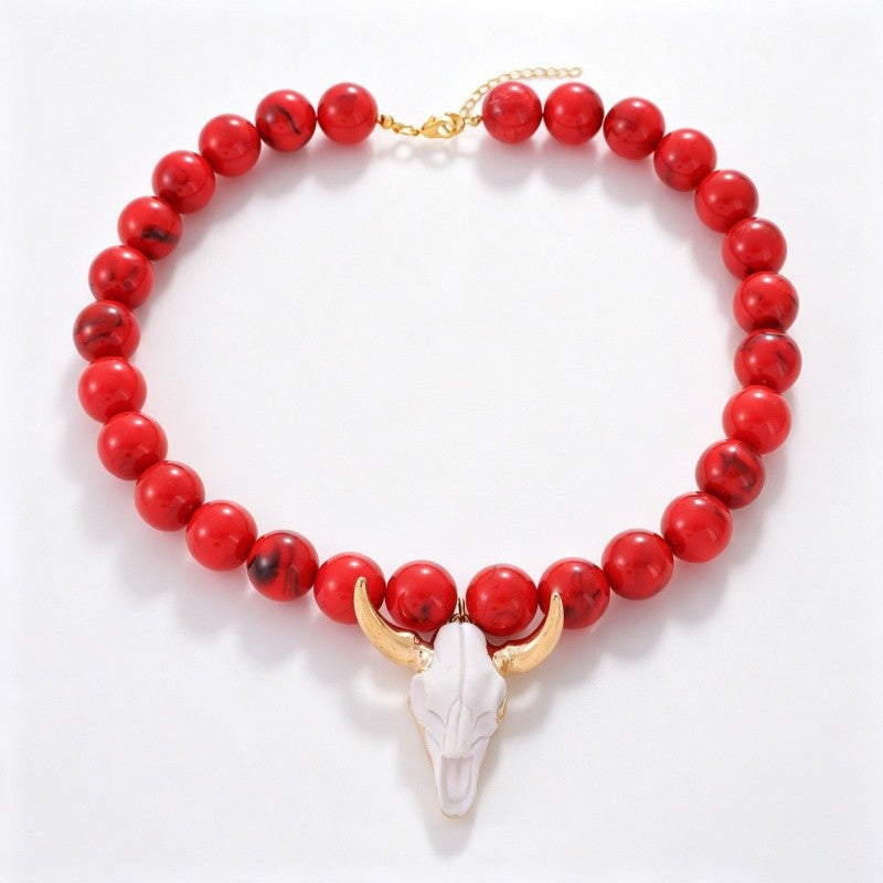 Boho Multi-Color Beaded Bull Skull Necklace