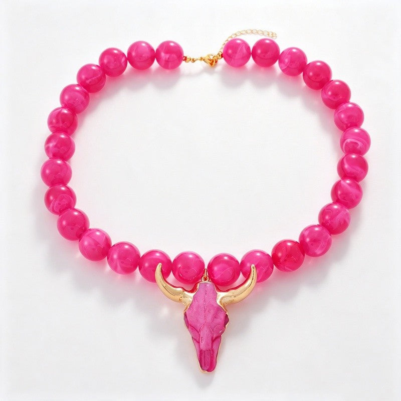 Boho Multi-Color Beaded Bull Skull Necklace