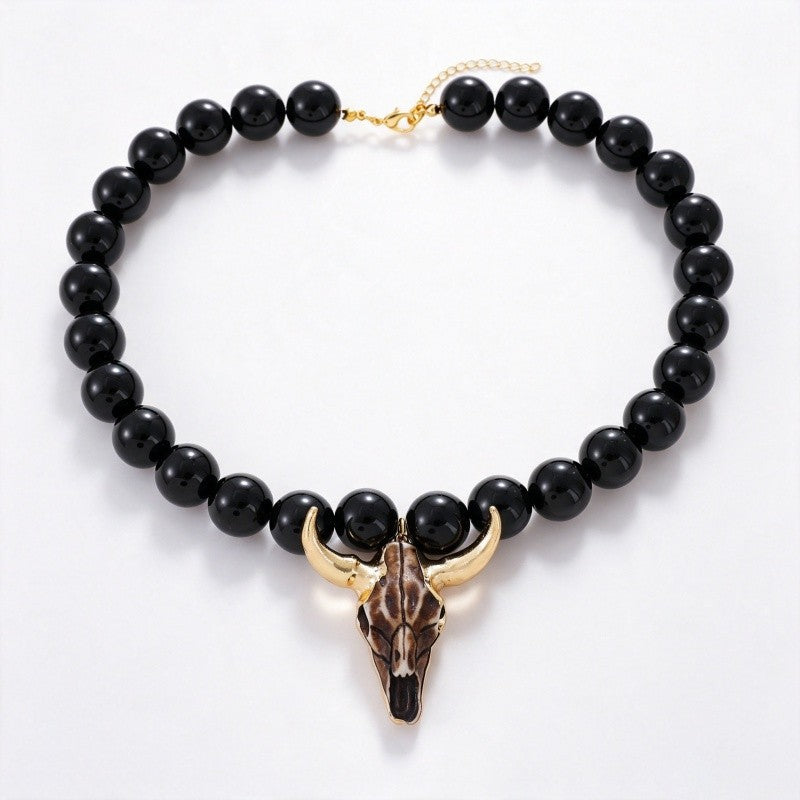 Boho Multi-Color Beaded Bull Skull Necklace