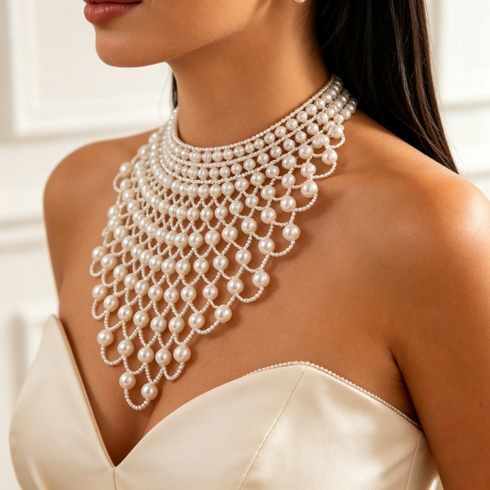 Elegant Scalloped Faux Pearl Bib Necklace