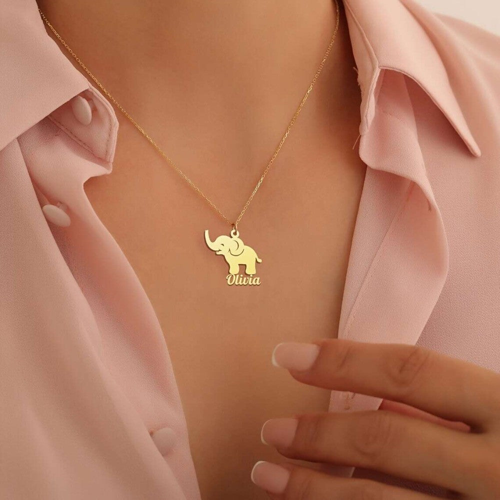 18k Dainty Custom Elephant Name Necklace