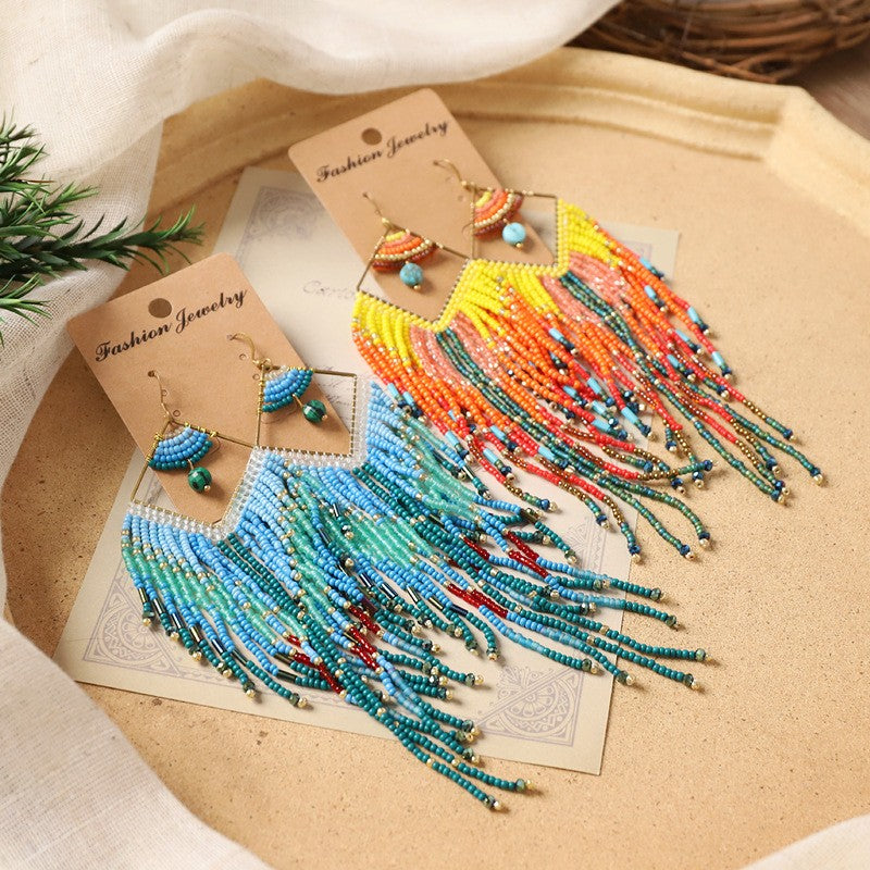 Boho Colorful Seed Bead Fringe Earrings