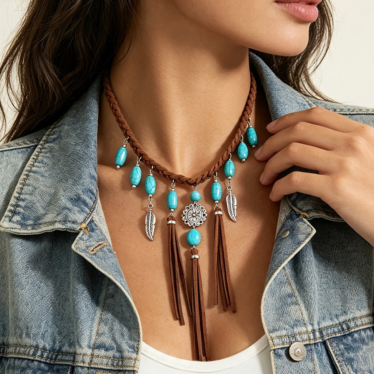 Boho Braided Turquoise Feather Necklace