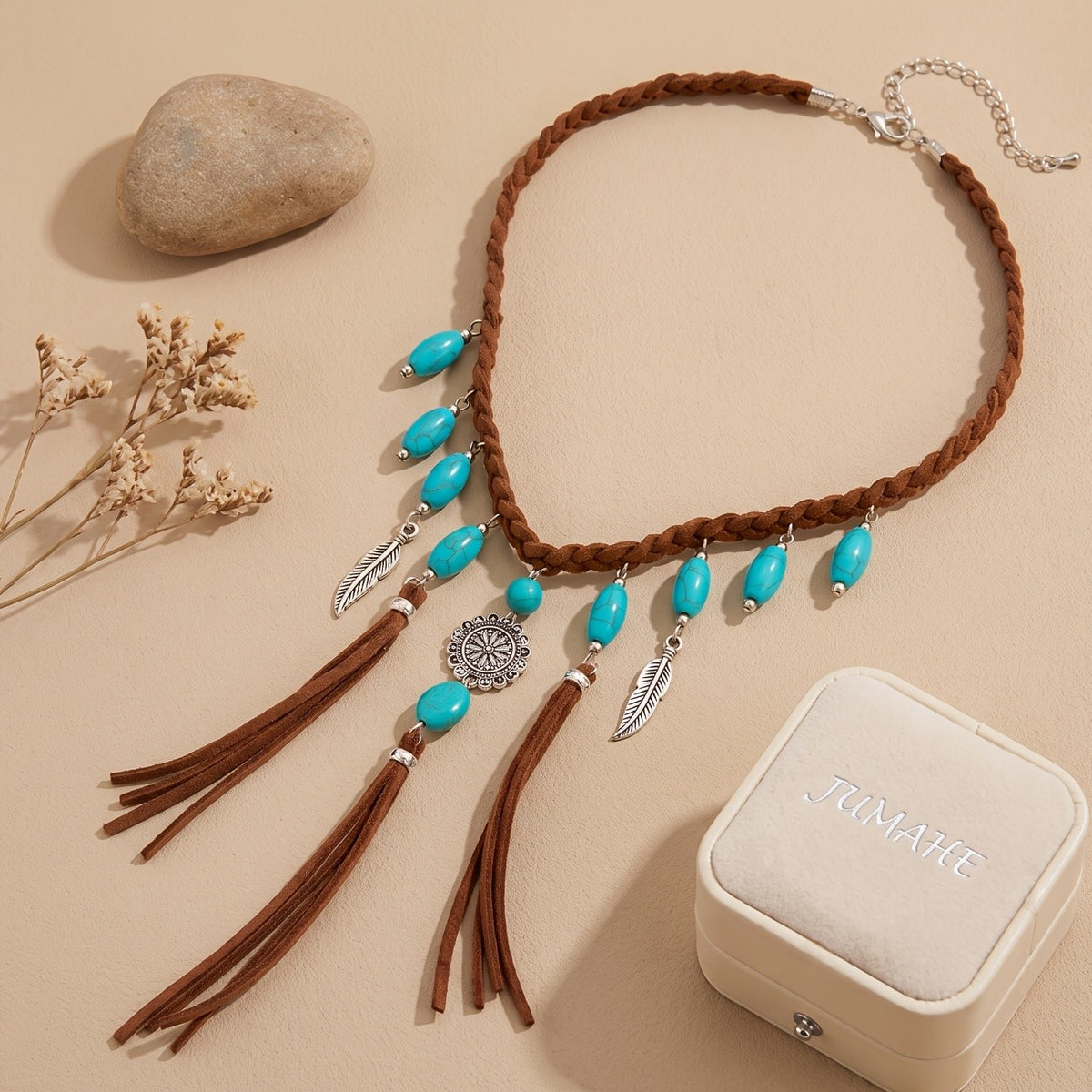 Boho Braided Turquoise Feather Necklace