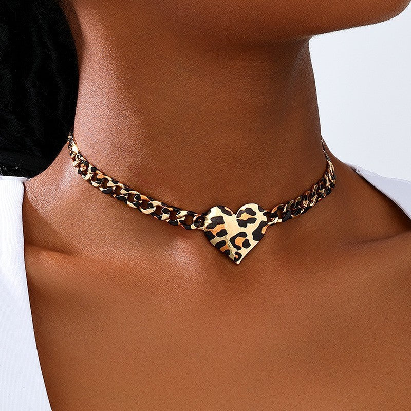 Classy Leopard Print Heart Chain Necklace