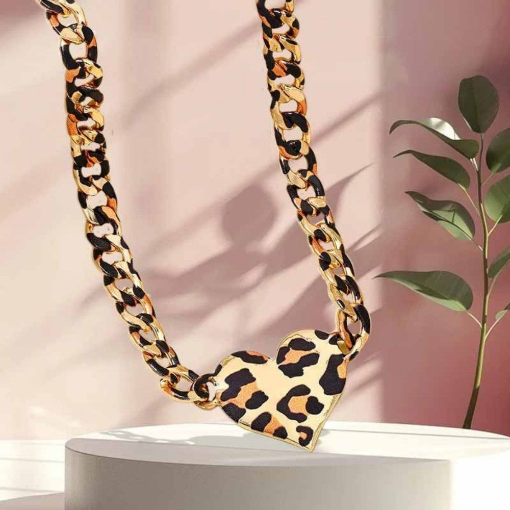 Classy Leopard Print Heart Chain Necklace