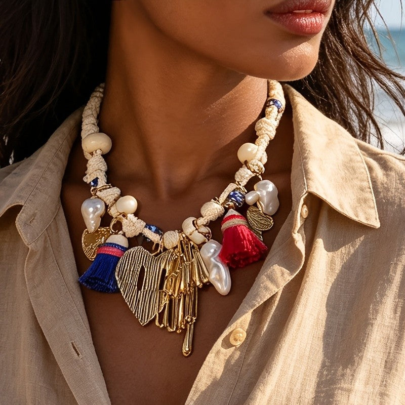 Boho Braided Faux Pearl Heart Tassel Necklace