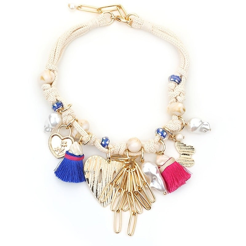 Boho Braided Faux Pearl Heart Tassel Necklace