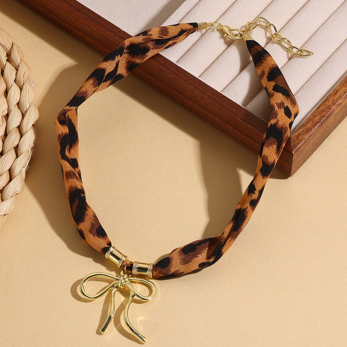 Boho Leopard Print Ribbon Charm Necklace