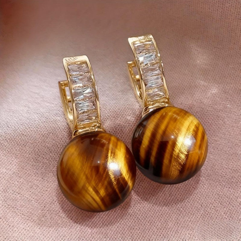 Boho Tiger Eye Sphere Hoop Earrings