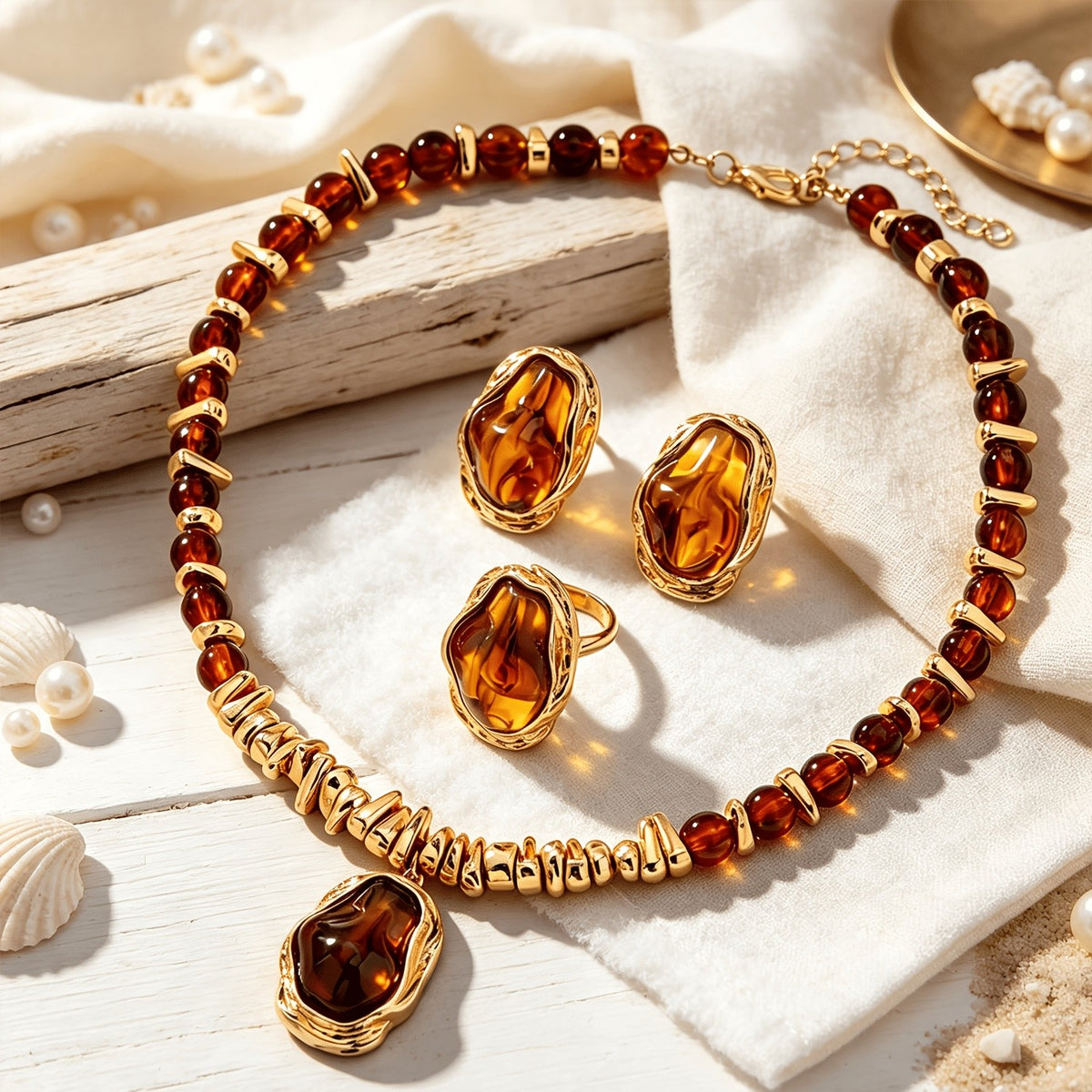 Boho Amber Resin Necklace, Earring & Ring Set