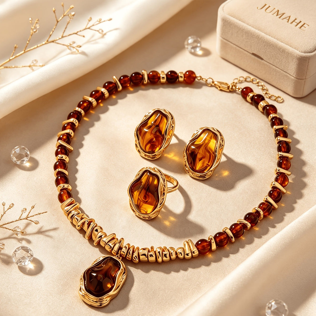 Boho Amber Resin Necklace, Earring & Ring Set