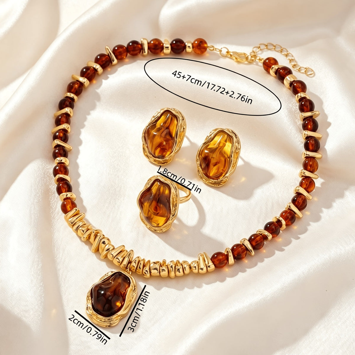 Boho Amber Resin Necklace, Earring & Ring Set