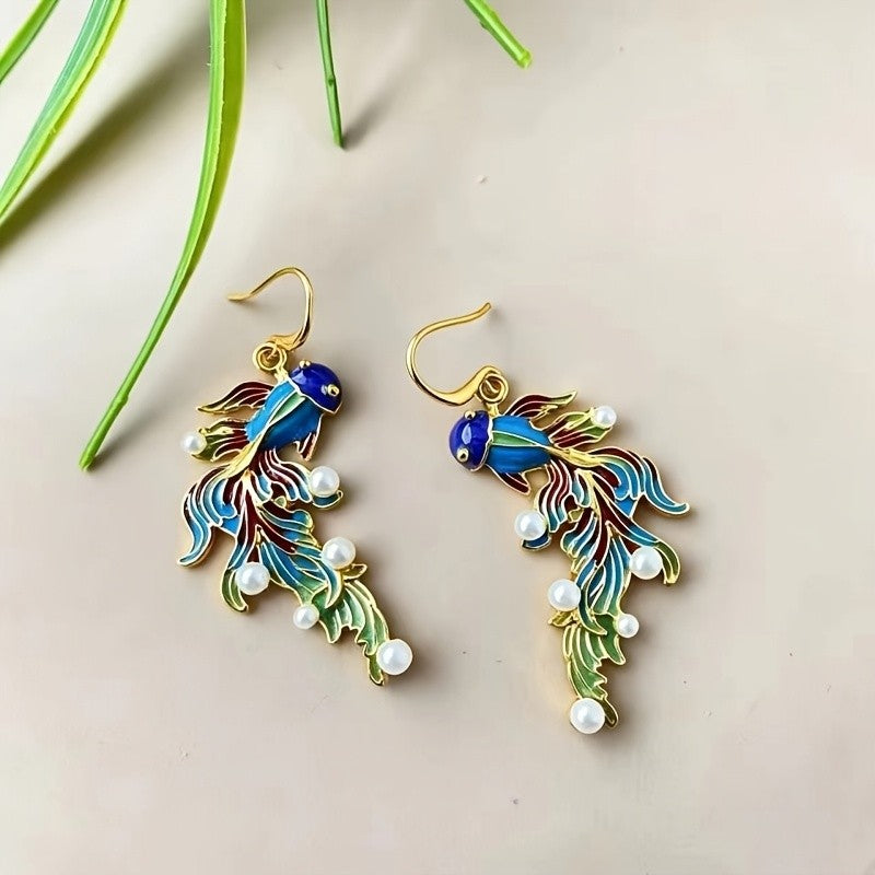 Vintage Enamel Goldfish Drop Earrings
